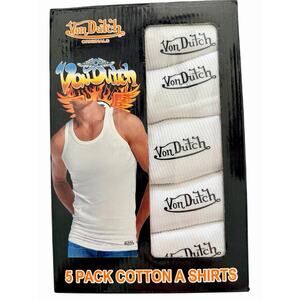 Men's VON DUTCH 5 Pack White Cotton Crew Neck A-shirts, Large